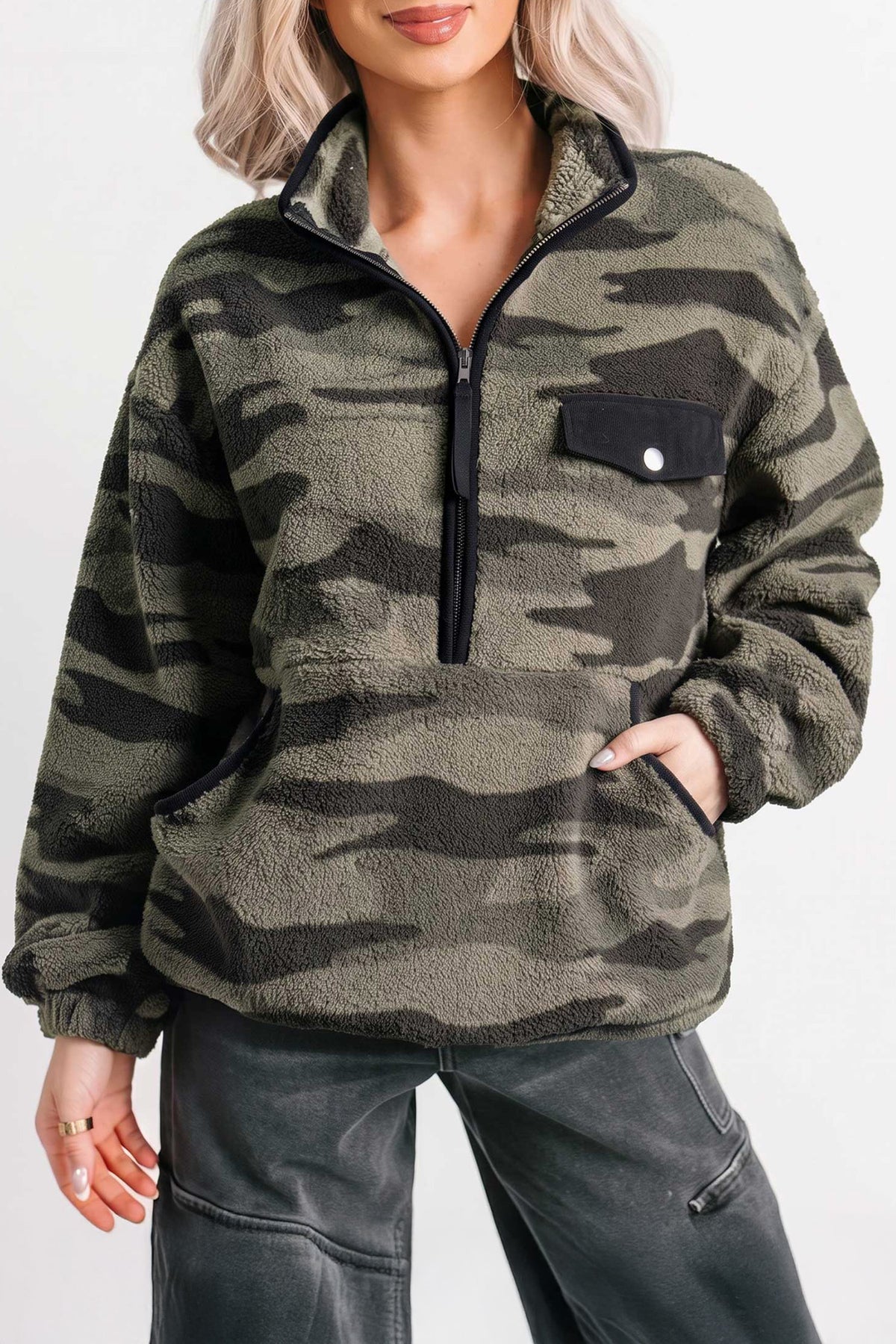 Multicolor Camo Fleece Half Zip Pocket Sweatshirt