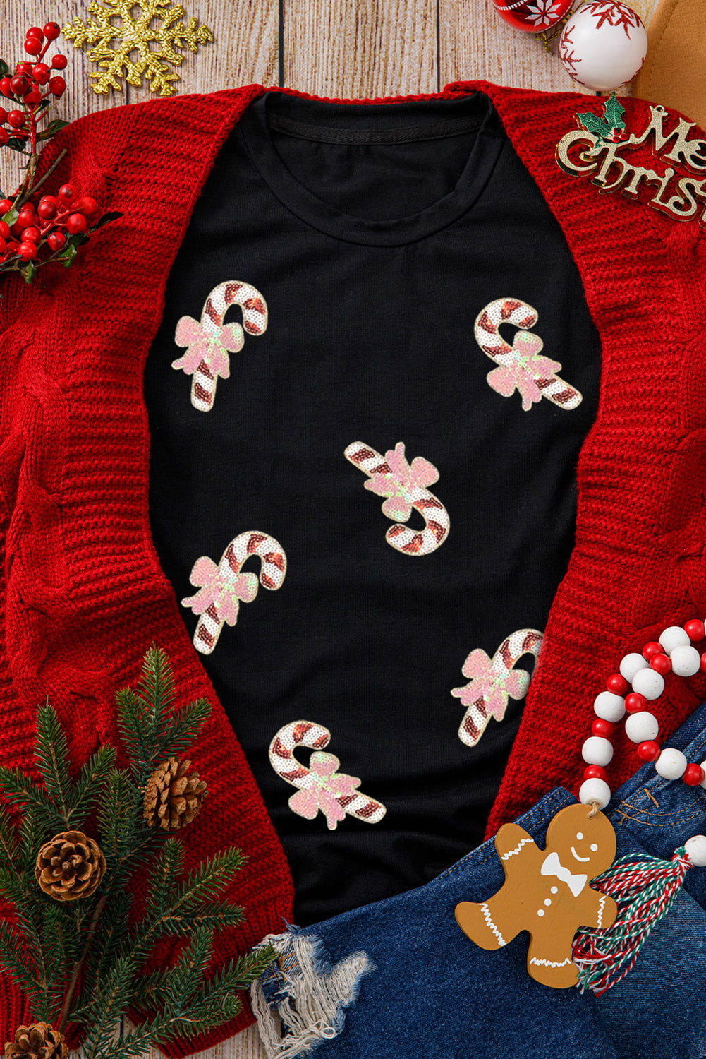 Black Sequined Candy Cane Patched Pattern Holiday T-Shirt
