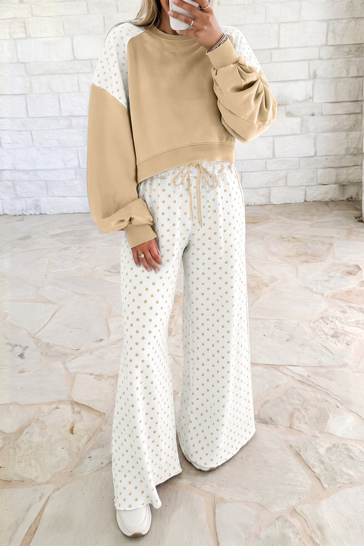 Women's Green Polka Dot Patchwork Colorblock Long-Sleeve Casual Two-Piece Pants Set