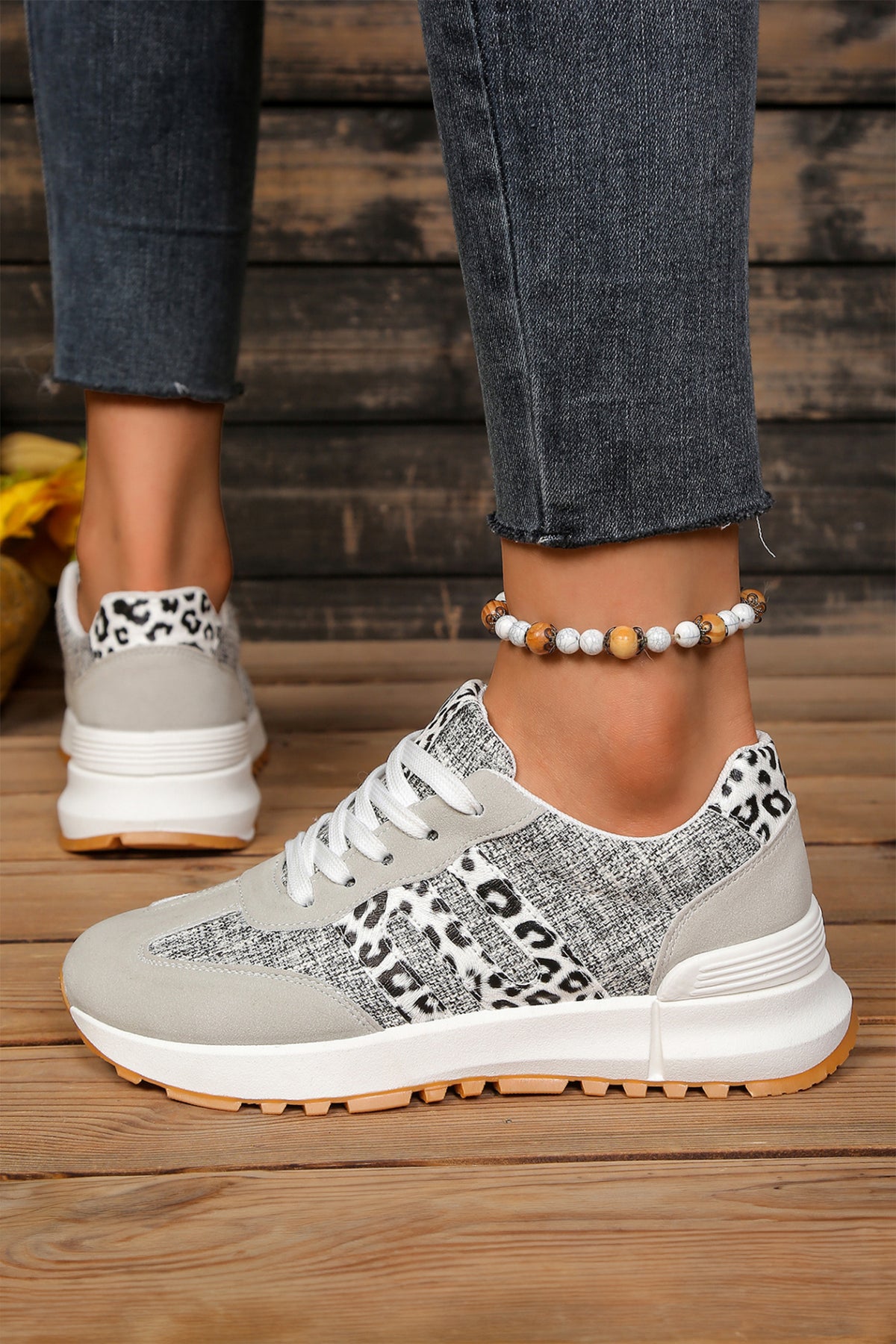 White Mix Texture Patchwork Leopard Lace-Up Sneakers