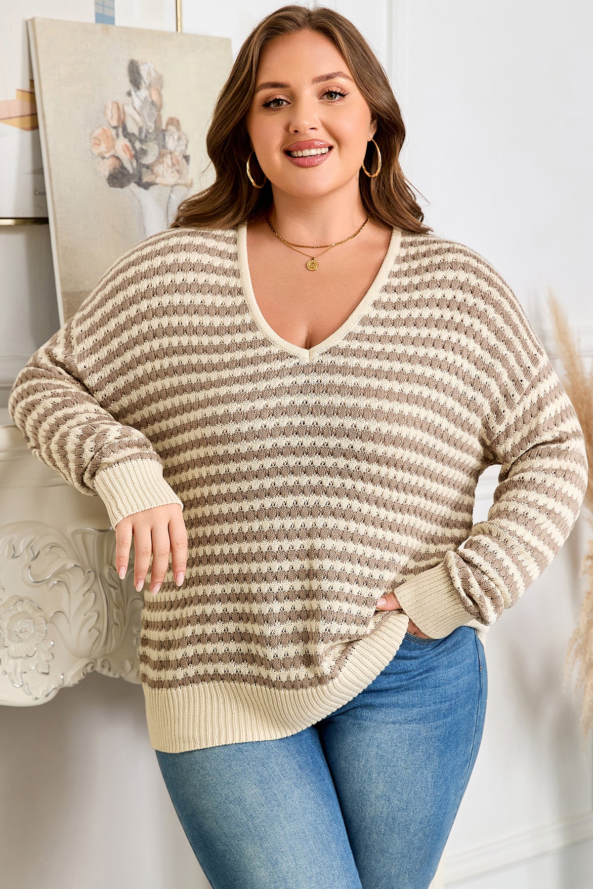 Khaki Stripe Plus Size V-Neck Drop-Shoulder Sweater