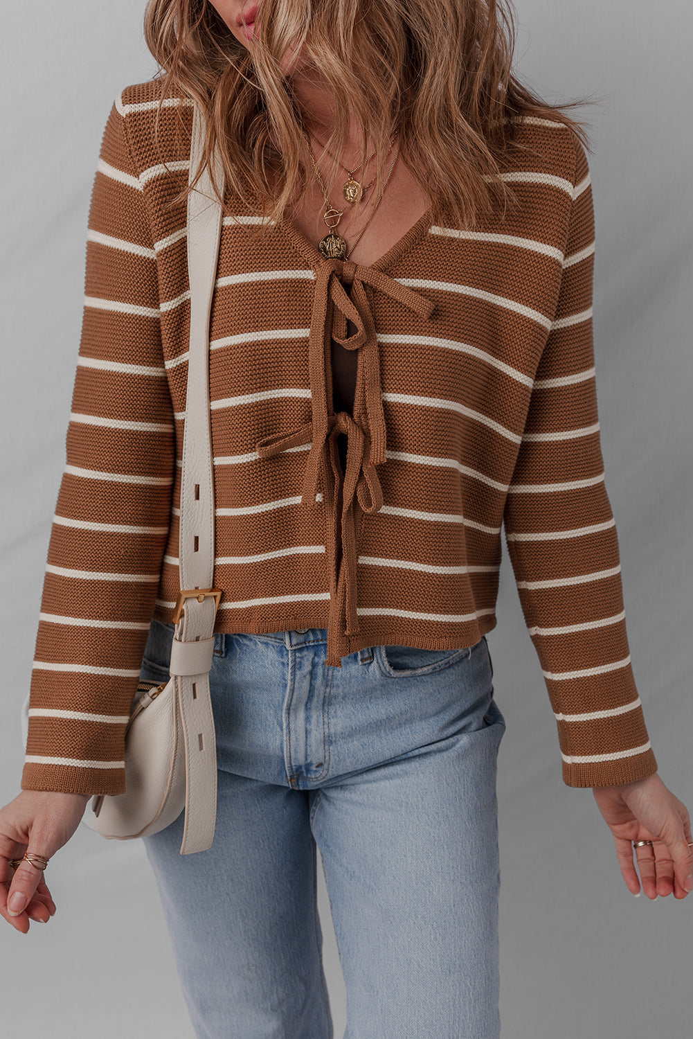 Chestnut Tie Front Striped Knit V Neck Cardigan Sweater