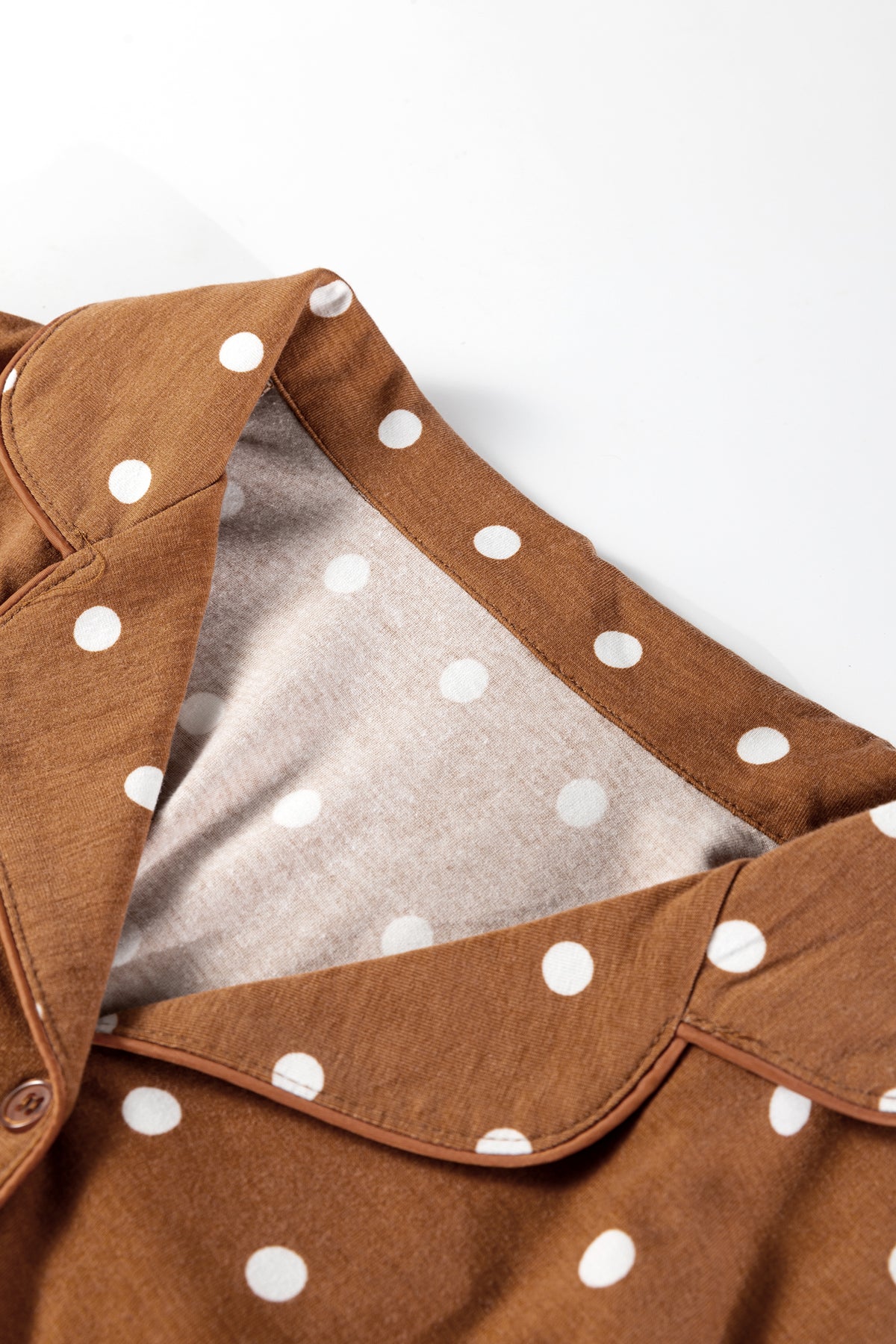 Brown Polka Dot Print Long Sleeve Shirt Pant Pajama Set