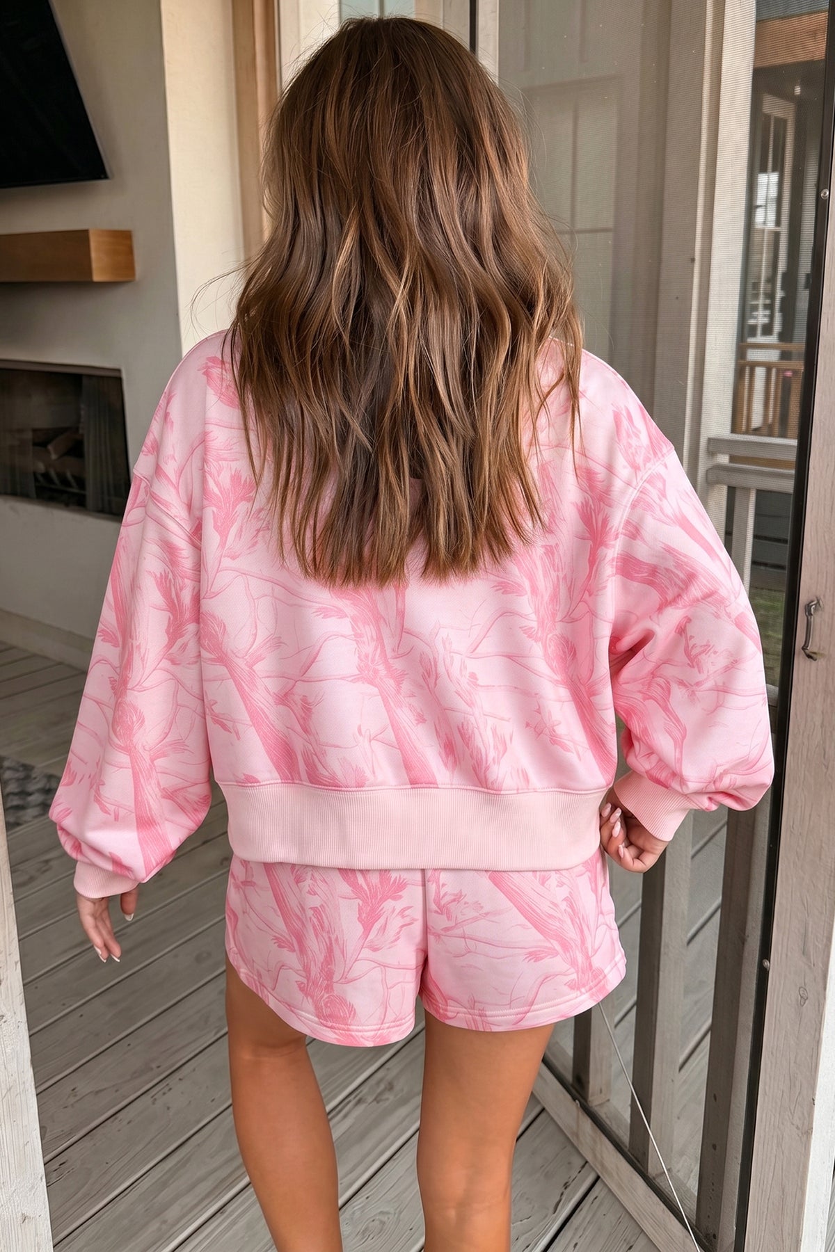 Women's Pink Abstract Print Ribbed Crewneck Long-Sleeve Top Elastic Waist Shorts Set