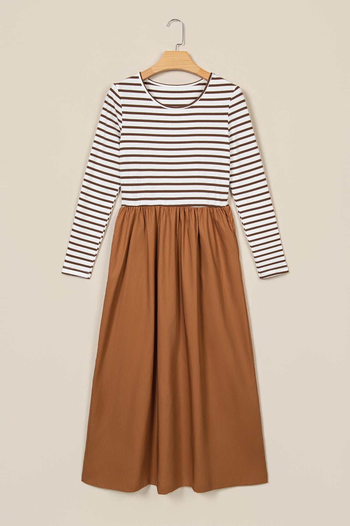 Brown Stripe Ribbed Knit Long Sleeve Bodice Patchwork Flared Dress