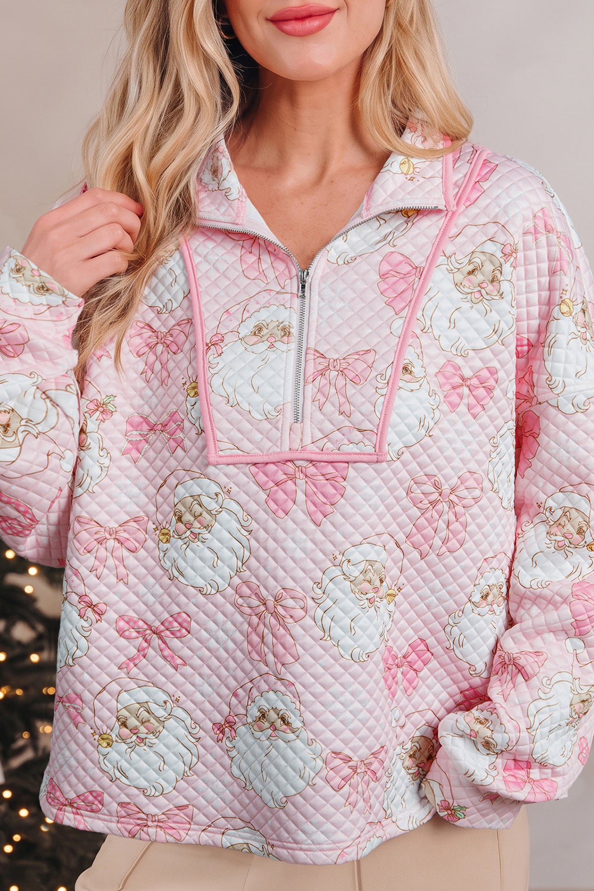 Pink Abstract Christmas Print Zip-Up Collar Sweatshirt