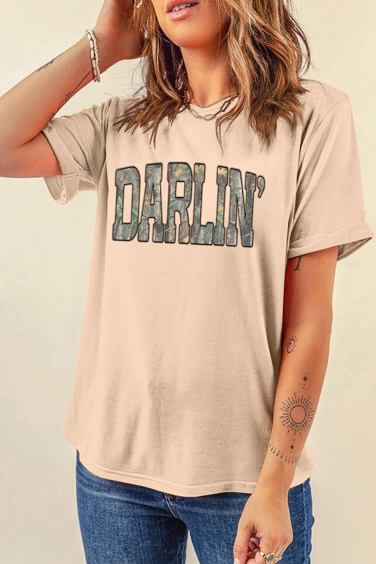 Khaki DARLIN Camo Letter Print Crewneck T-Shirt