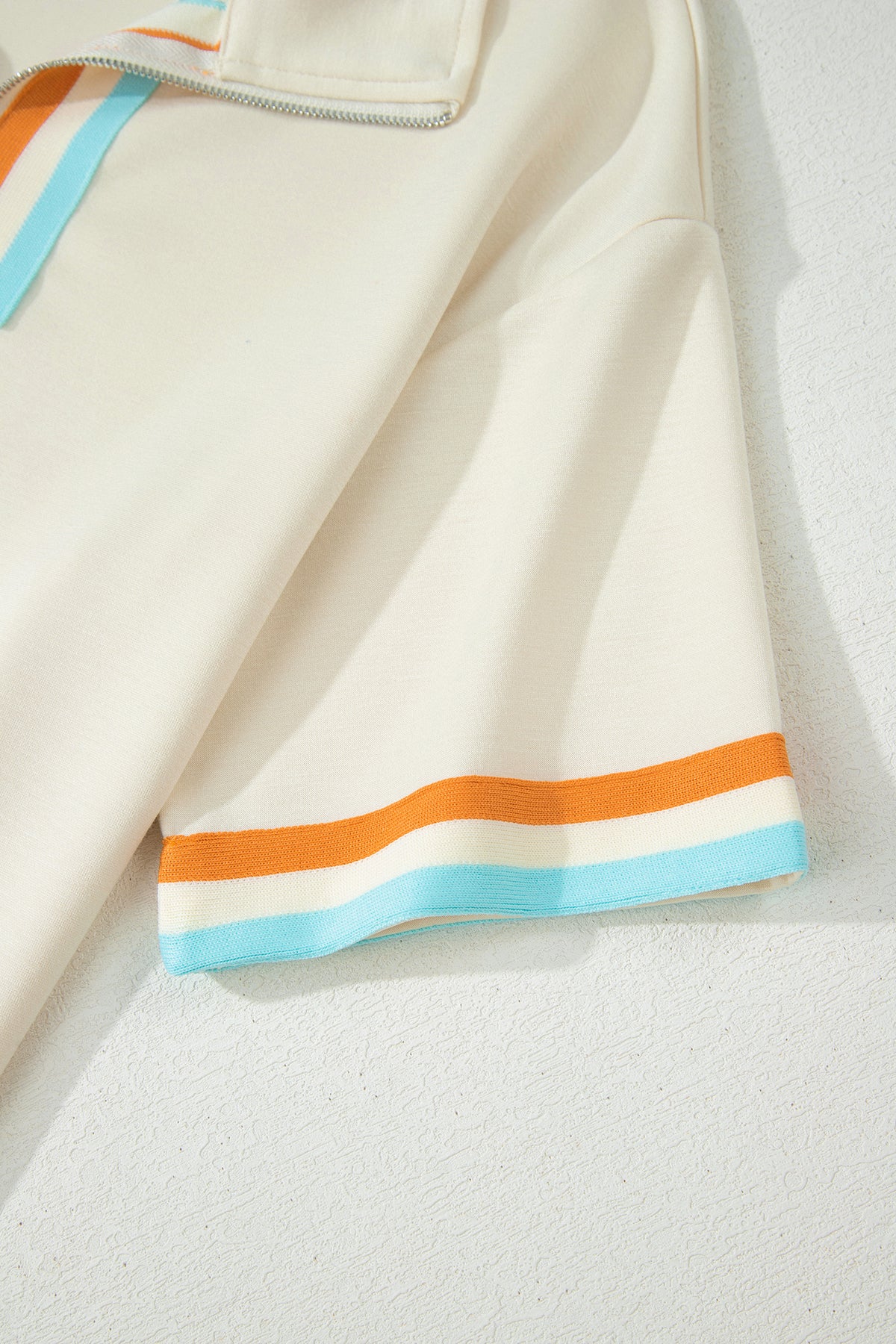 Women's Apricot Colorful Striped Detail Half Zip Polo Tee Shorts Set