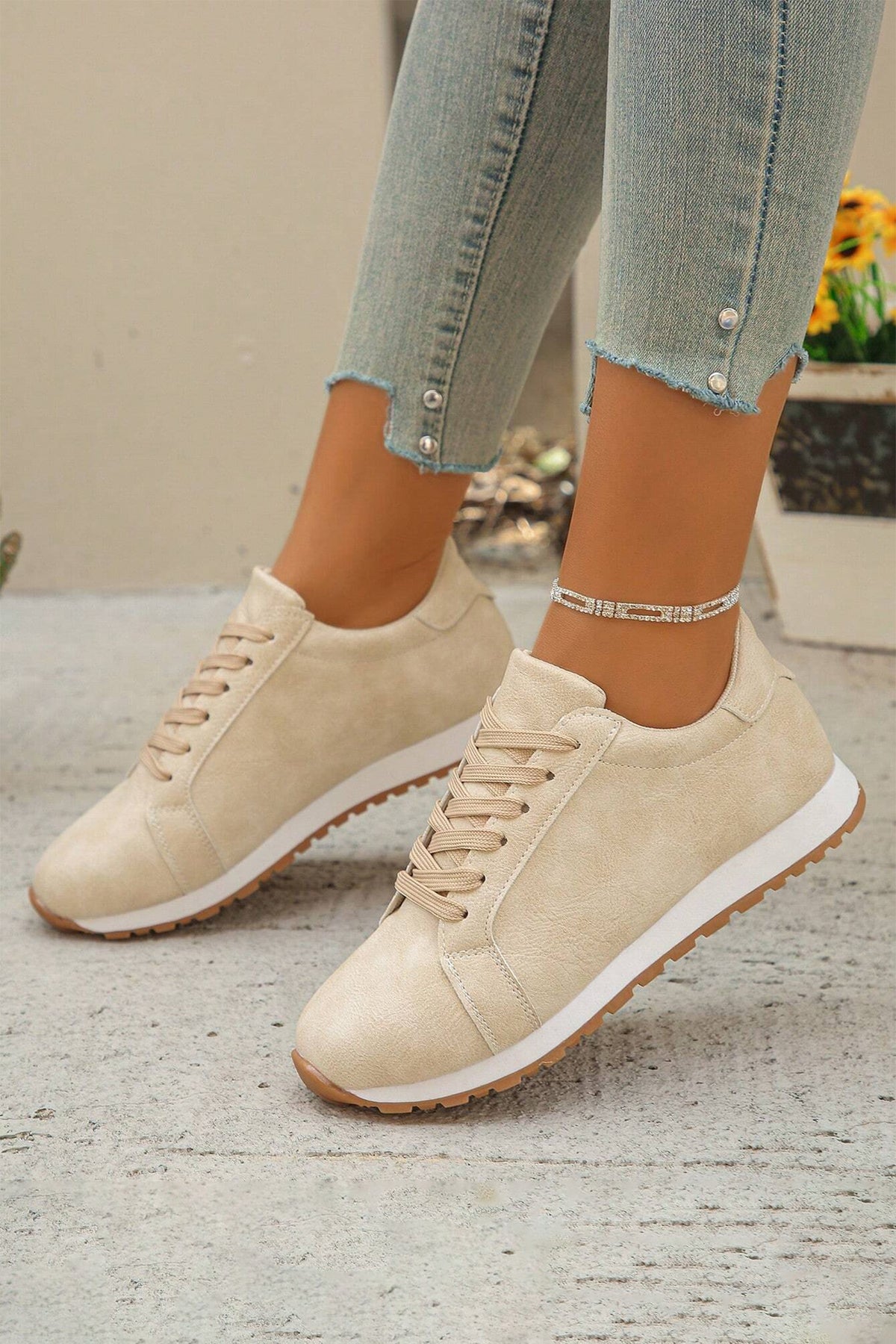Beige Faux Suede Lace-up Sneakers