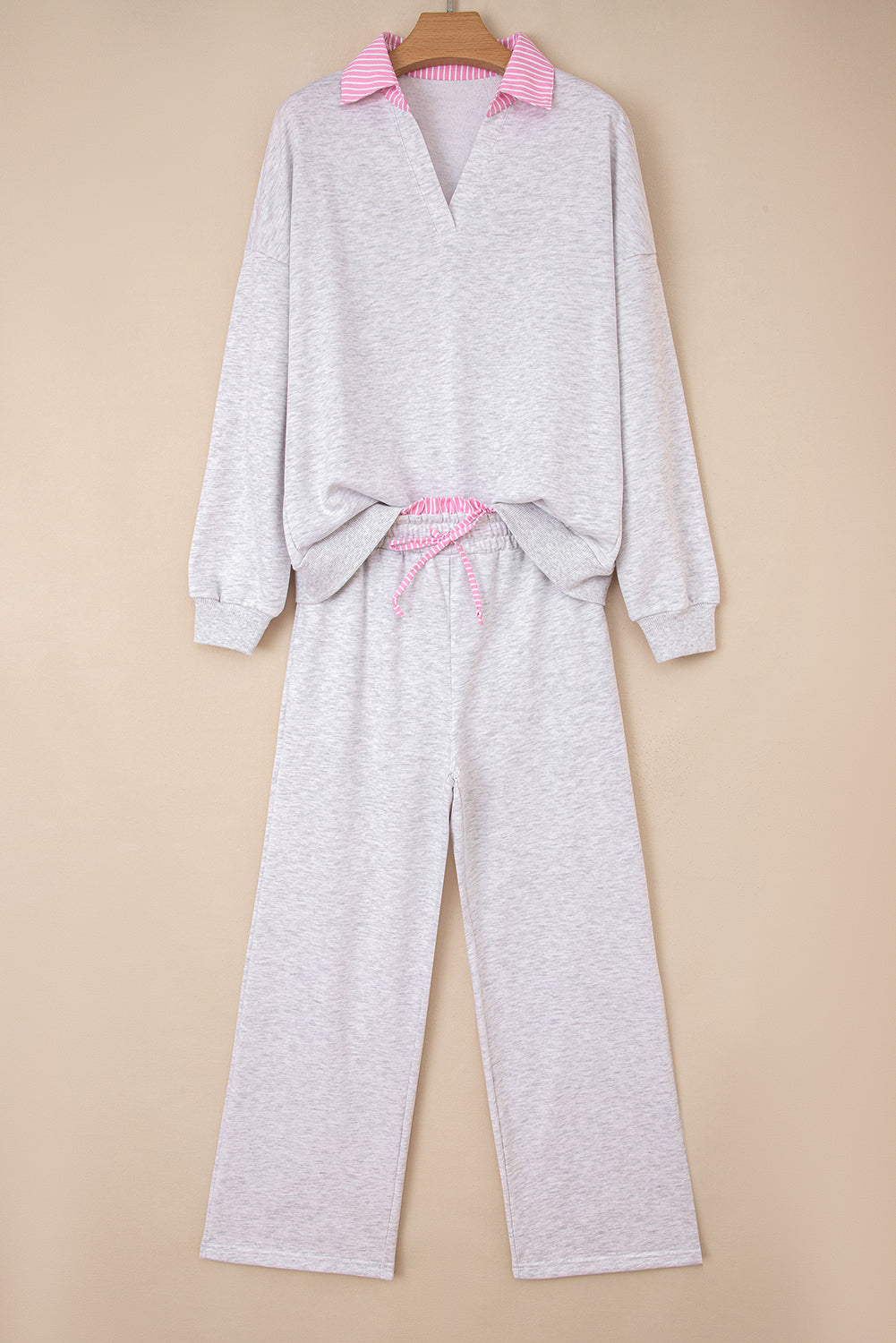 Women's Light Grey Two-Piece Contrasted Trim Frilled Collar Drop Shoulder Pullover Pants Two-Pi