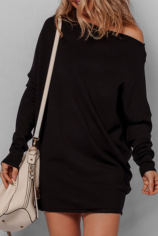 Black Asymmetric Neck Batwing Sleeve Shift Mini Sweater Dress