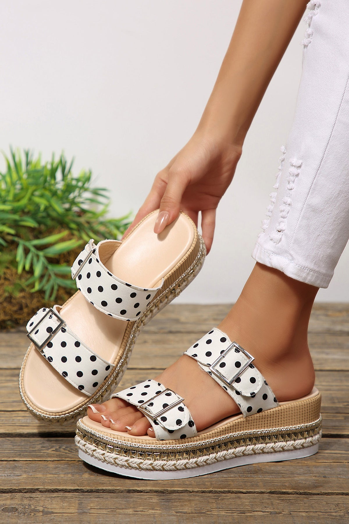 White Polka Dot Pattern Double Buckle Straps Hollow Out Platform Sandals