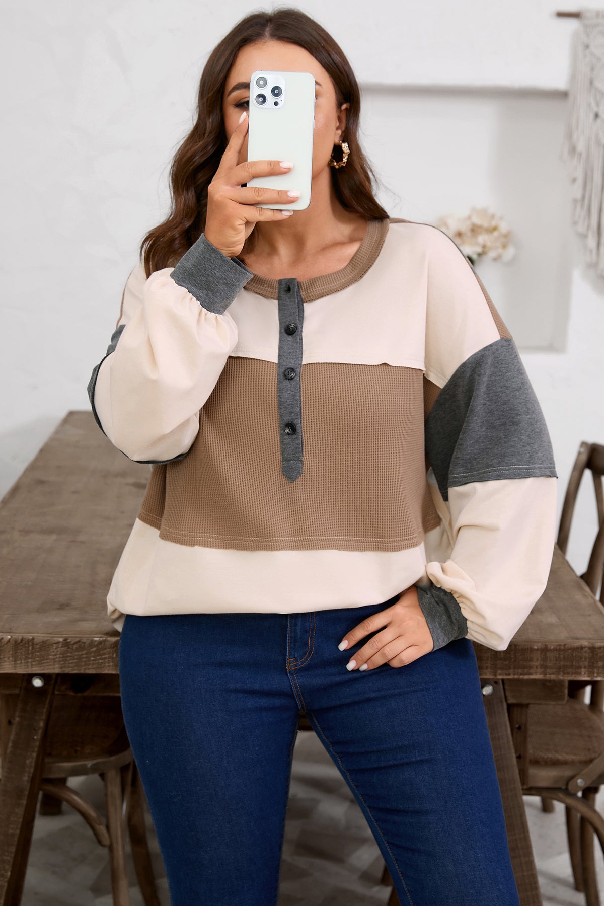 Jet Stream Waffle Patchwork Color-Block Half Buttons Casual Plus Size Knit Jumper