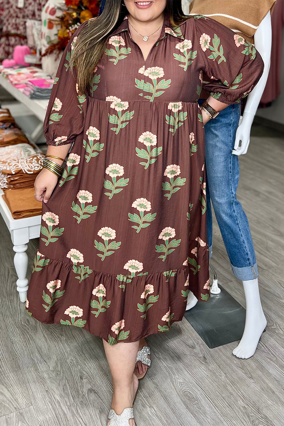 Brown Floral Print V-Neck Long-Sleeve Loose Shift Plus Size Dress