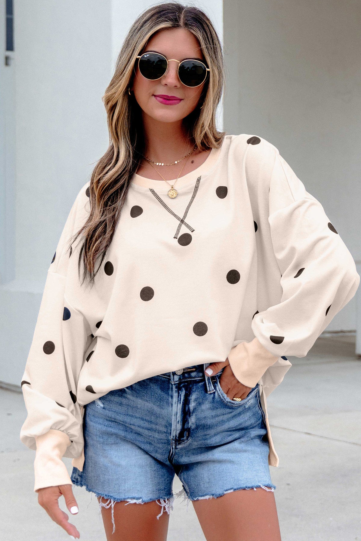 Yellow Polka Dot Long Sleeve Split Hem Pullover Top