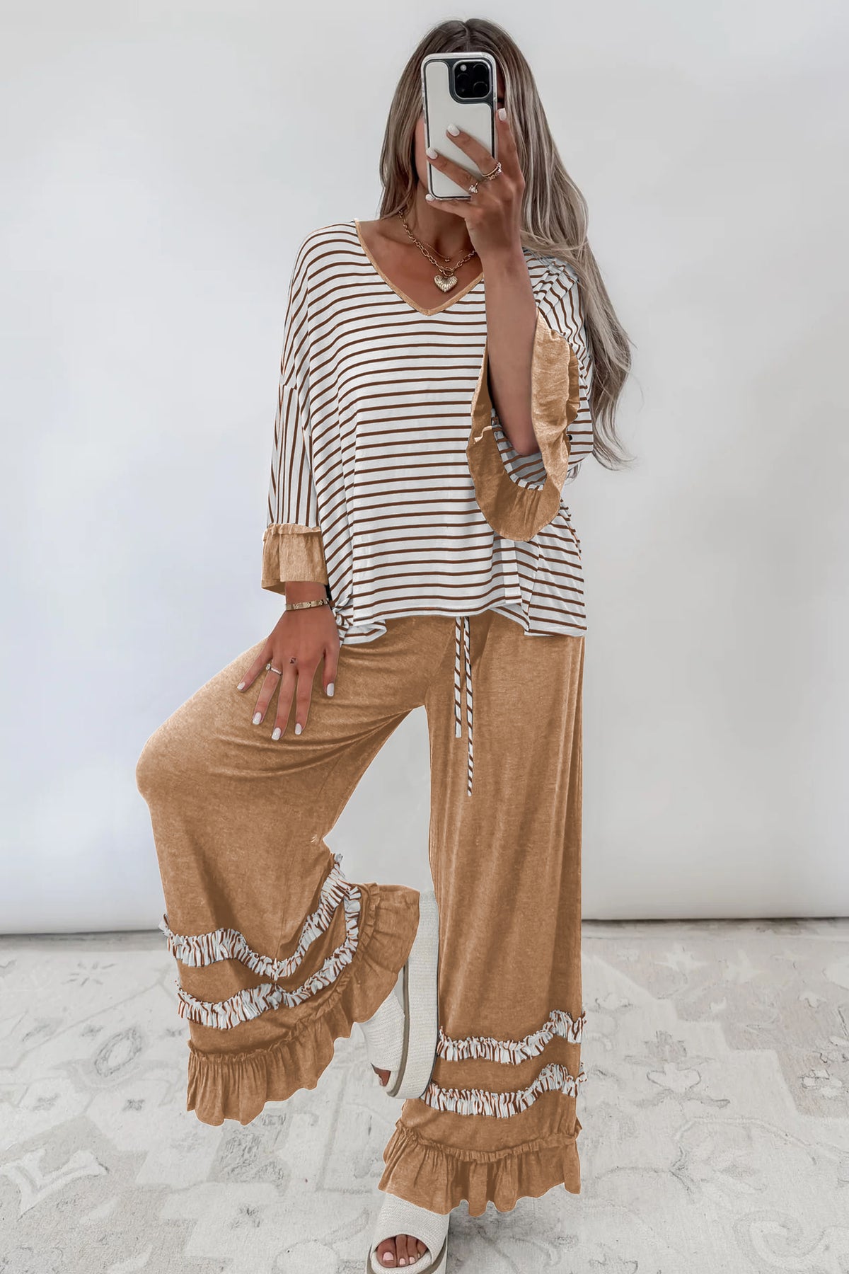 Women's Khaki Stripe V-Neck Ruffle Contrast Sleeve Top Drawstring Pants Two-Piece Set