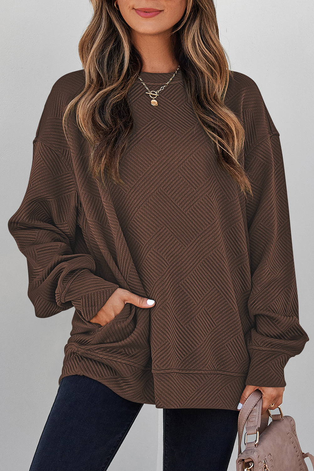 White Solid Color Textured Round Neck Sweatshirt