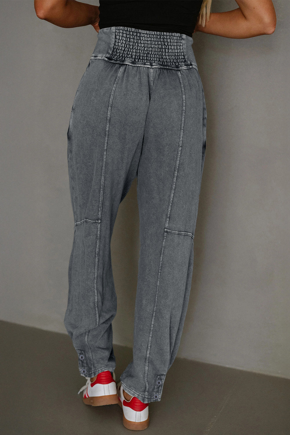 Medium Grey Mineral Wash Jogger Style High Waist Casual Pants