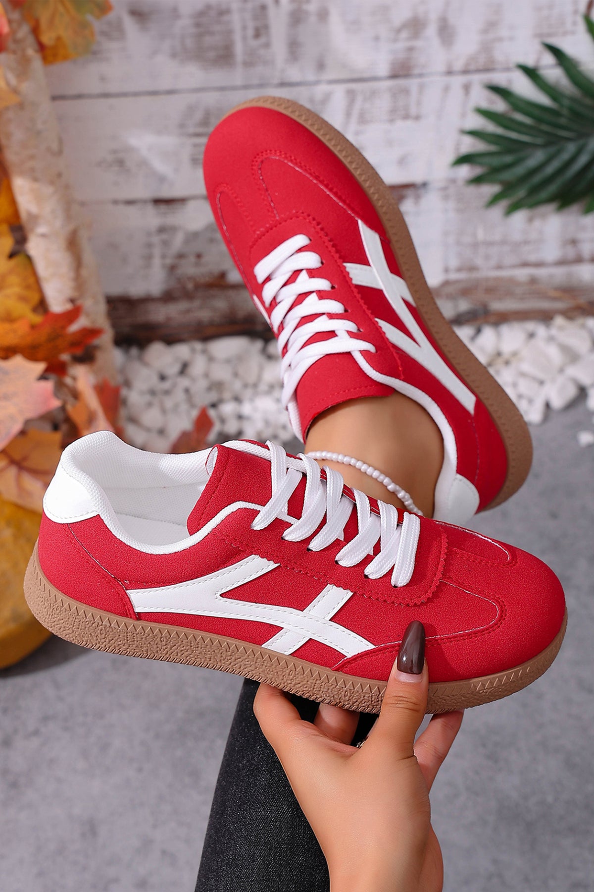 Racing Red Faux Suede Patchwork Lace-Up Sneakers