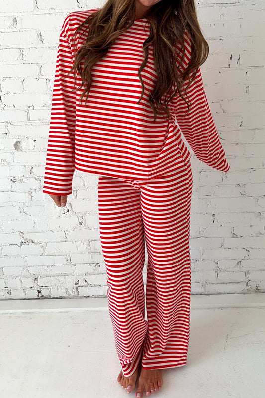 Red Stripe Drop Shoulder Long Sleeve Top Lounge Pants Set