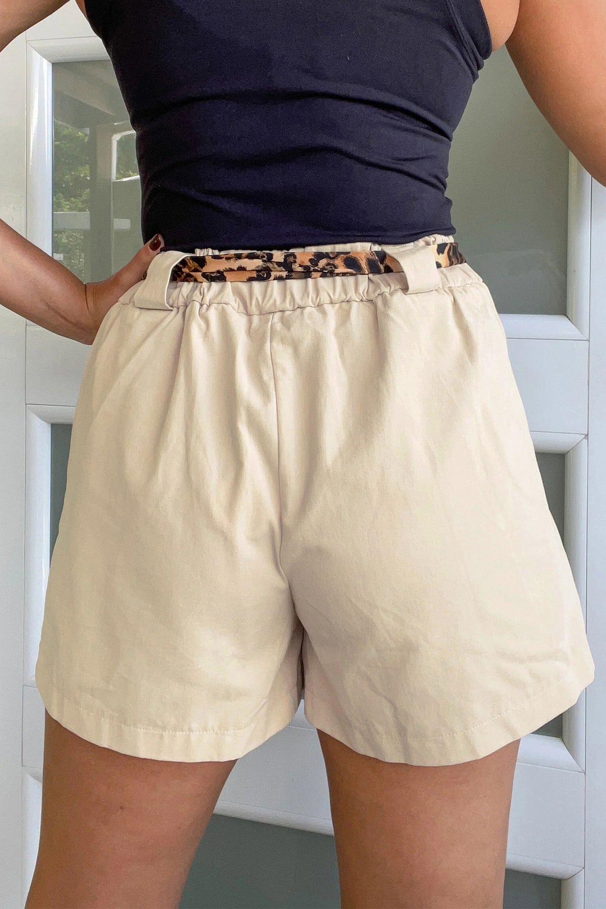 Oatmeal Leopard Contrast Sash Belt Pleated Wide Leg Shorts