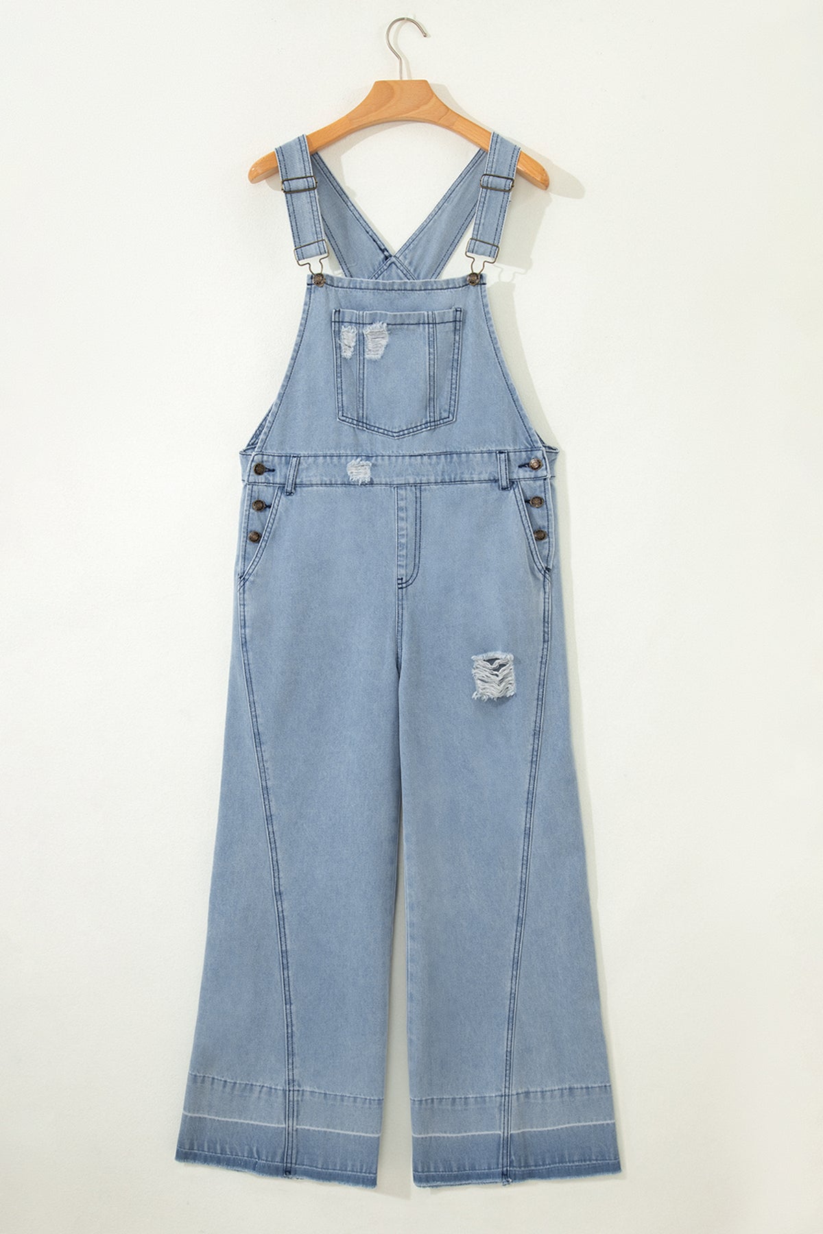 Mist Blue Retro Distressed Button Adjustable Straps Denim Jumpsuit