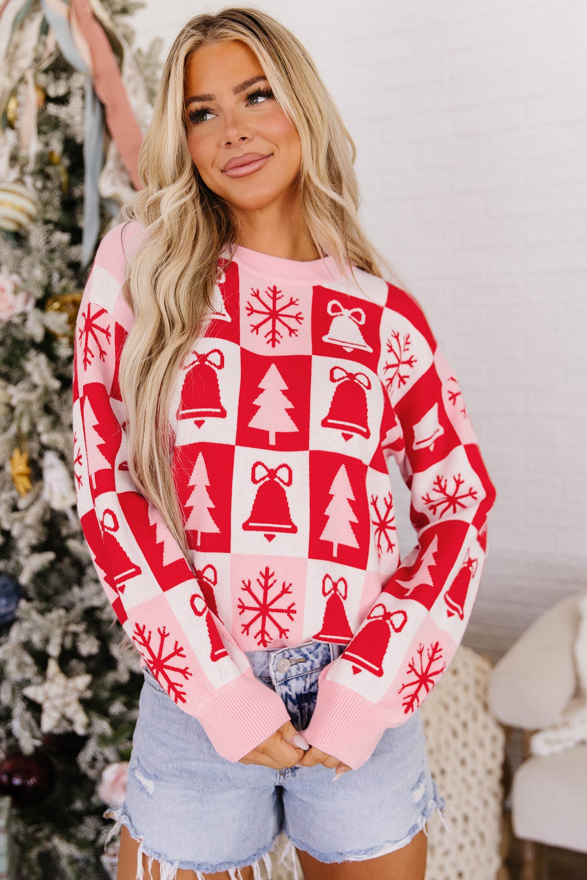 Pink Christmas Plaid Pullover Round Neck Long Sleeve Fit Tunic Knitwear Sweater