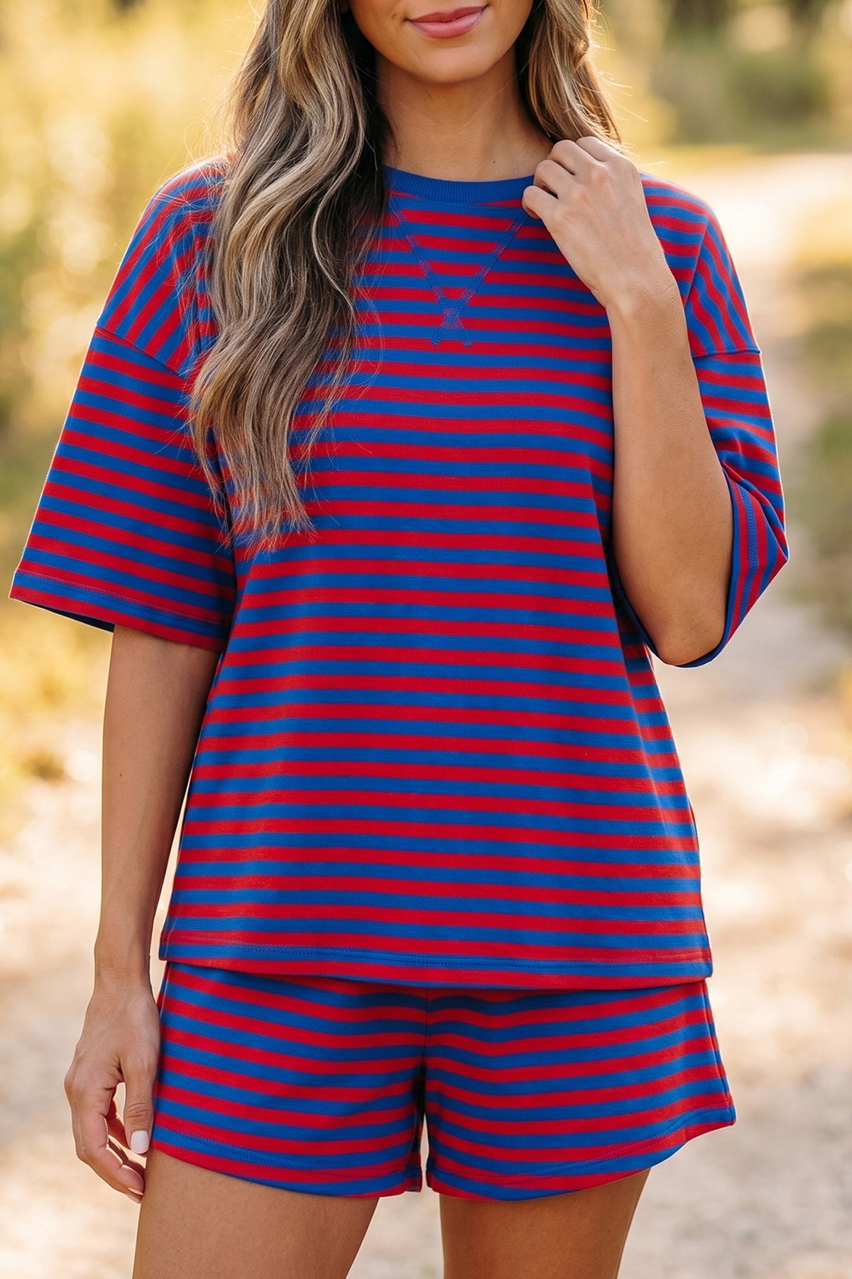 Women's Navy Stripe Striped Ribbed Cotton Two-Piece Shorts Two-Piece Set with Chest Patch Detai