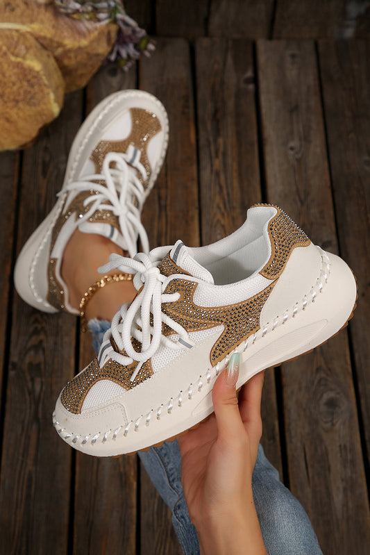 White Rhinestone Embellished Color Block Lace-up Breathable Sneakers
