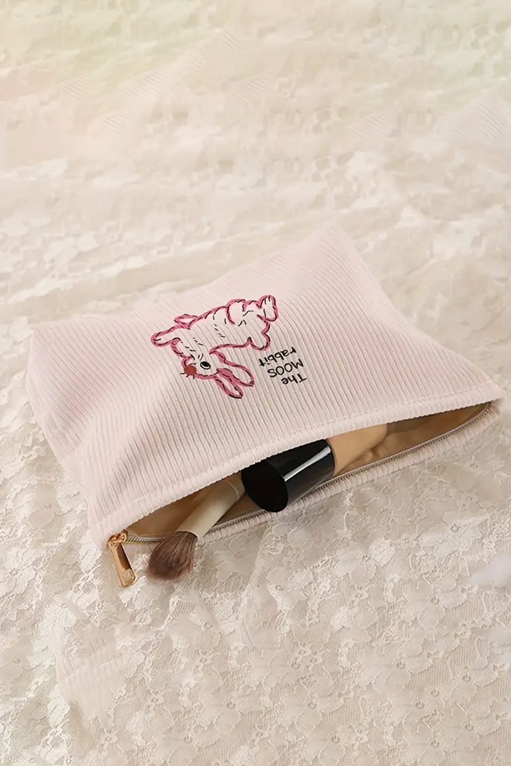 White Easter Rabbit Print Corduroy Makeup Storage Bag