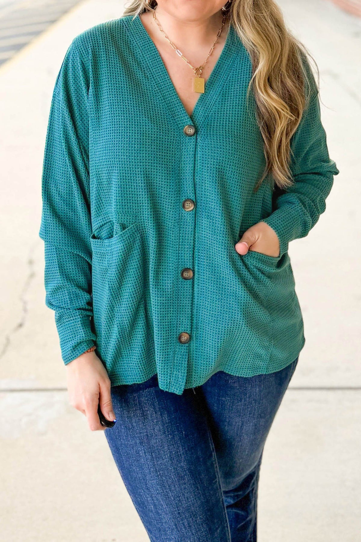 Lapis V-Neck Waffle Textured Button Front Tunic Long-Sleeve Plus Size Cardigan