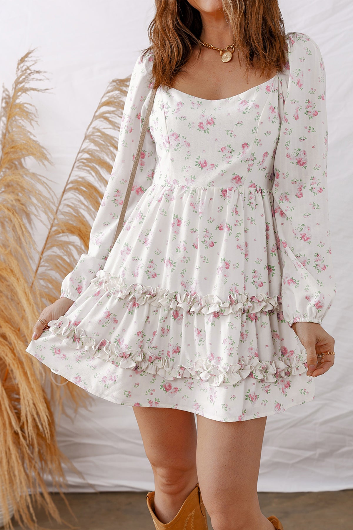 Pink Floral Print Long Sleeve Ruffle Detail Flared Mini Dress