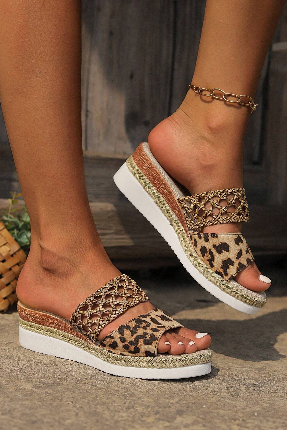 Chestnut Leopard Braided Wedge Sandals