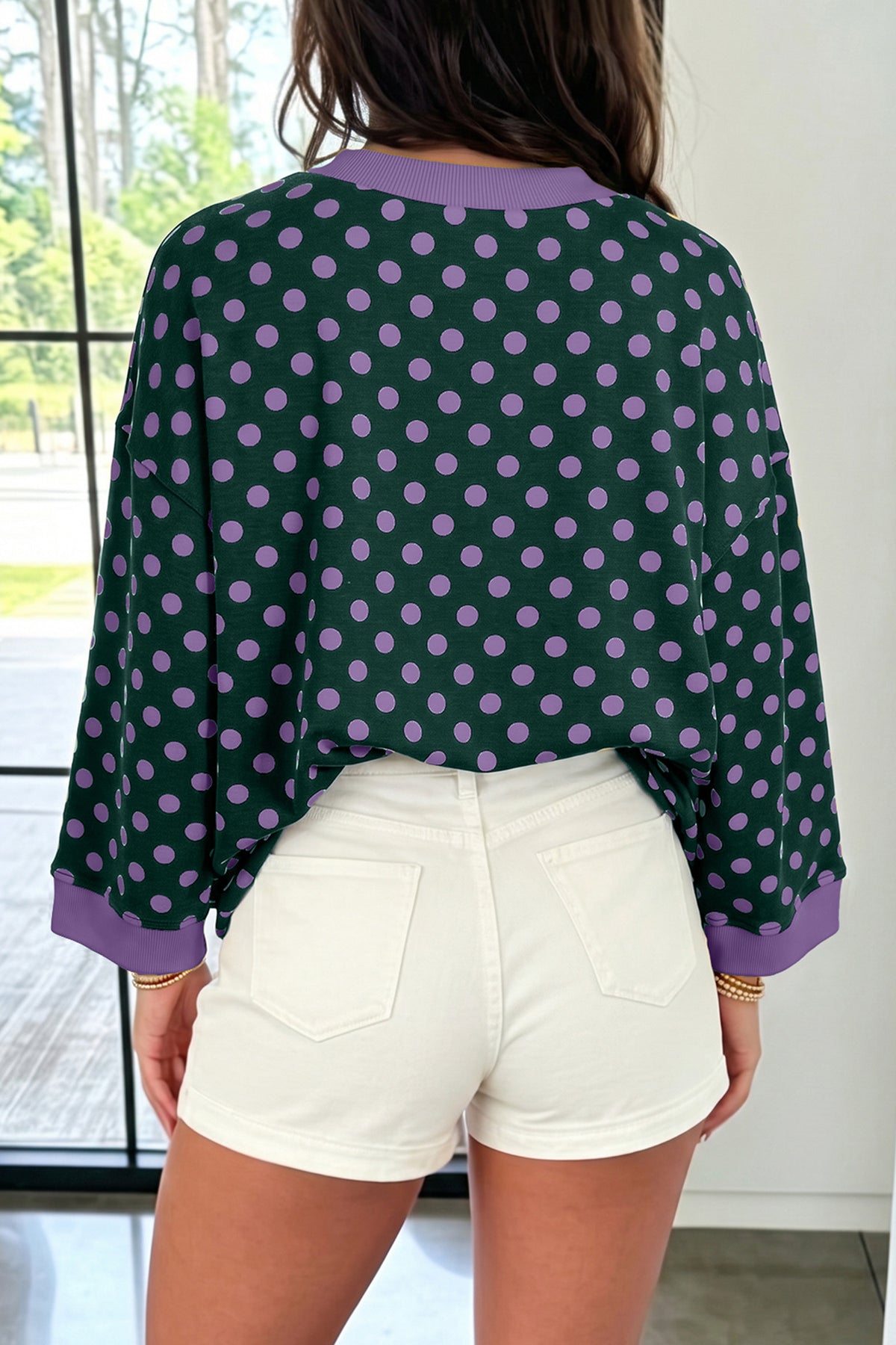 Green Polka Dot Print Round Neck Bracelet Sleeve Top