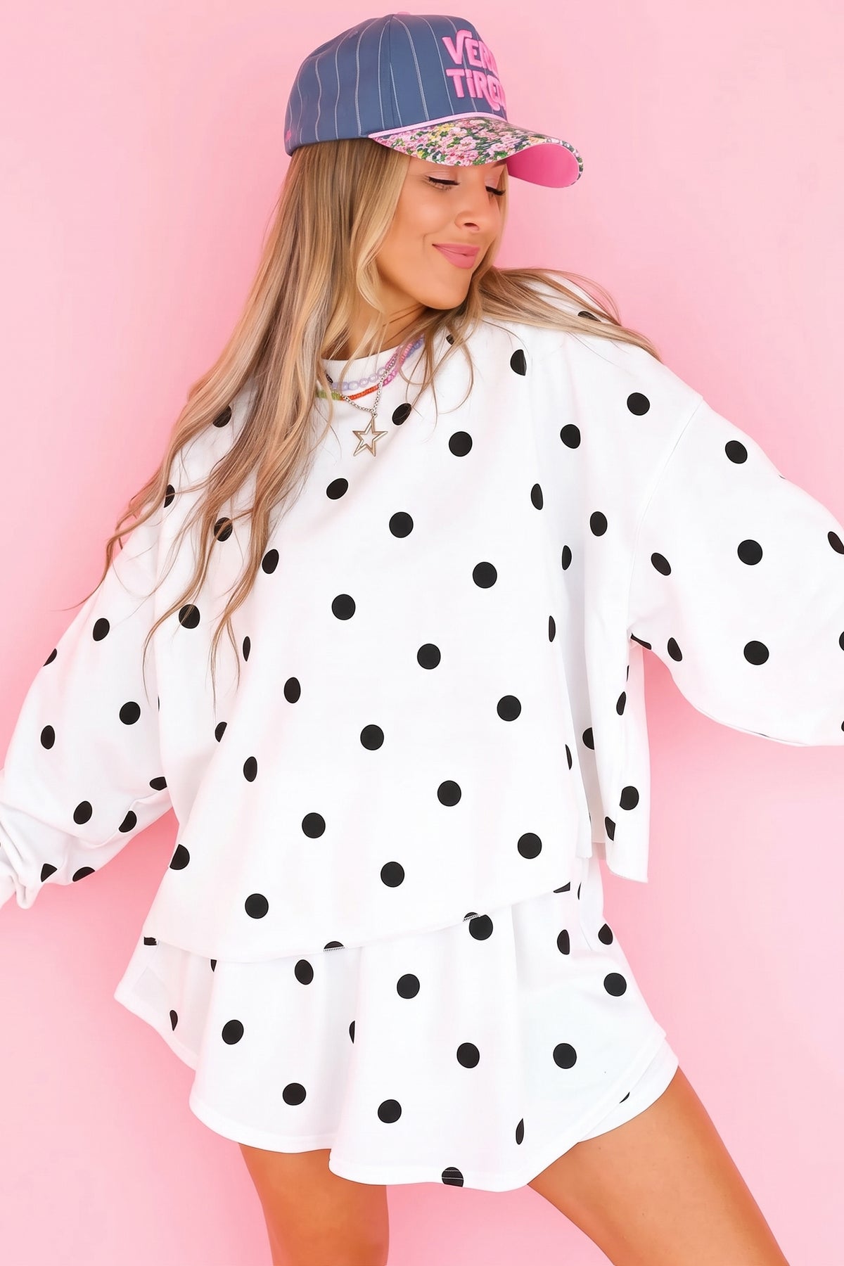 Women's Red Polka Dot Raw Hem Relaxed Pullover Loose Skort Two-Piece Set