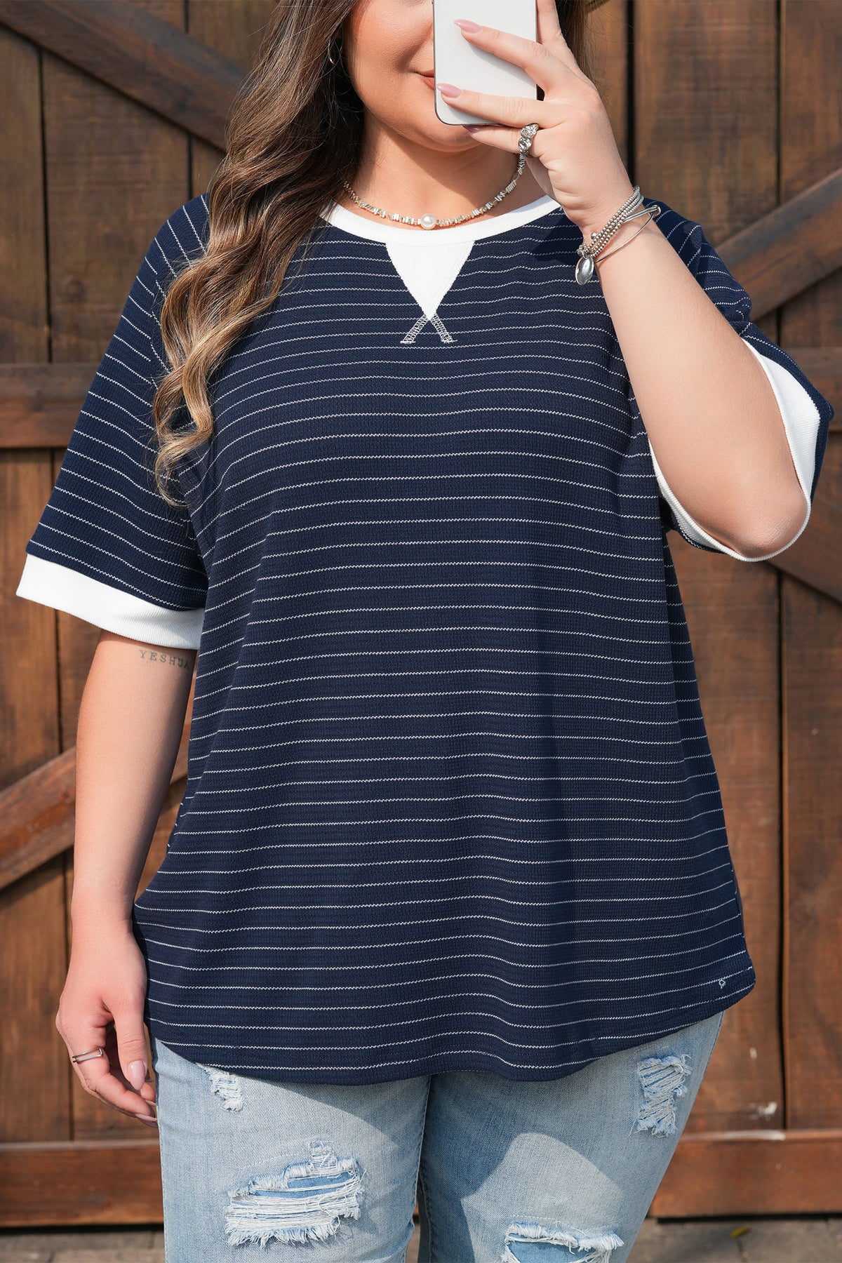 Blue Stripe Contrast Trim Plus Size Ribbed T-Shirt