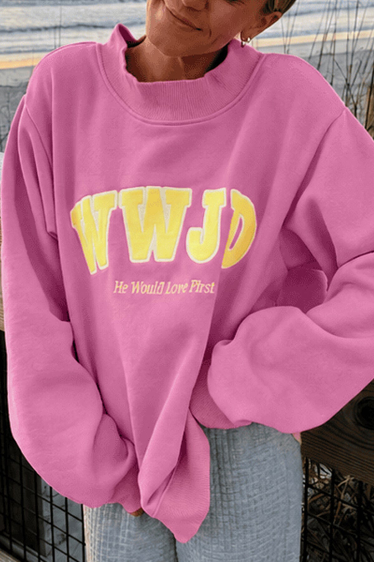 Pink WWJD Embroidered Crewneck Sweatshirt