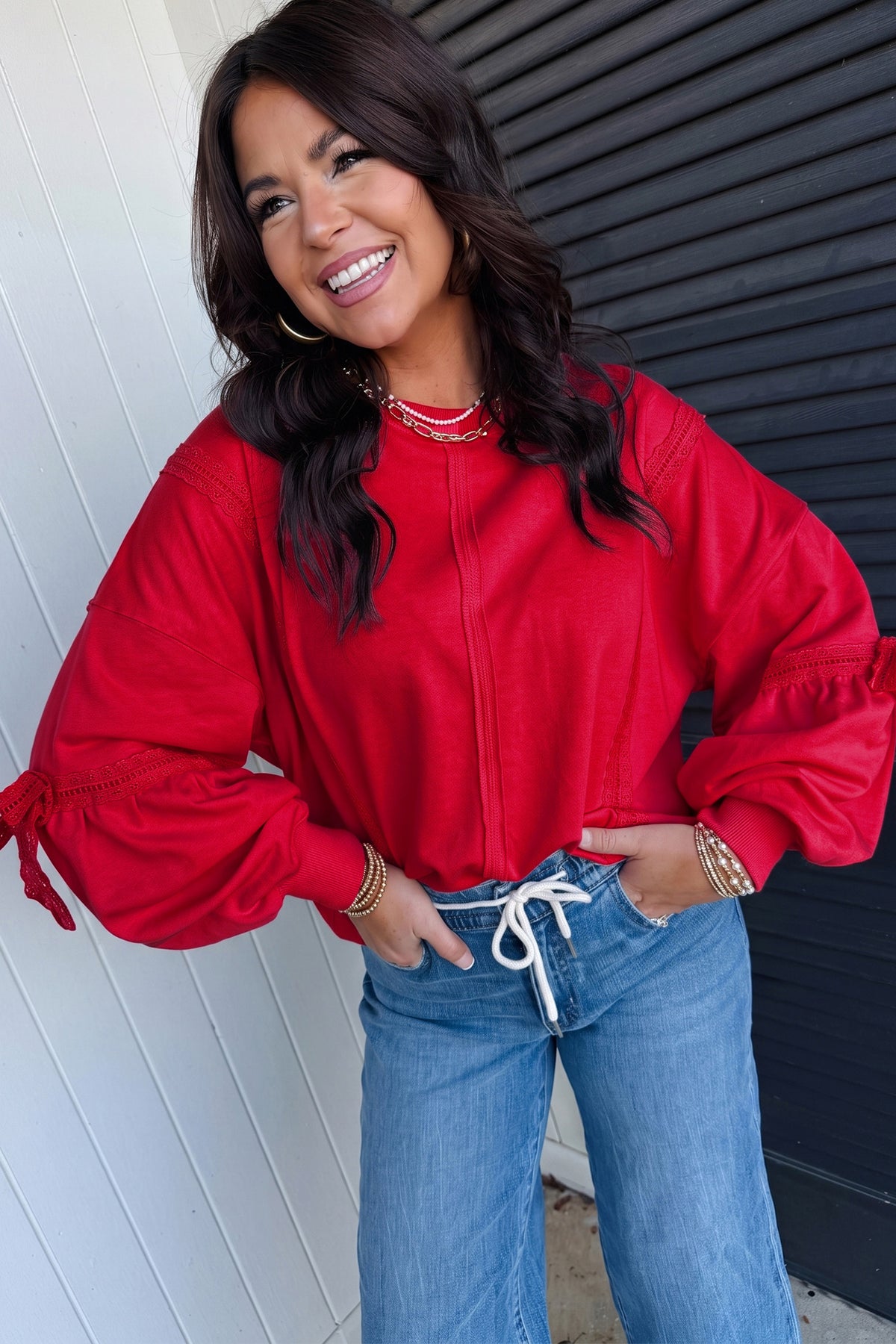 Pink Solid Color Raw Seam Lace Detail Loose Casual Sweatshirt