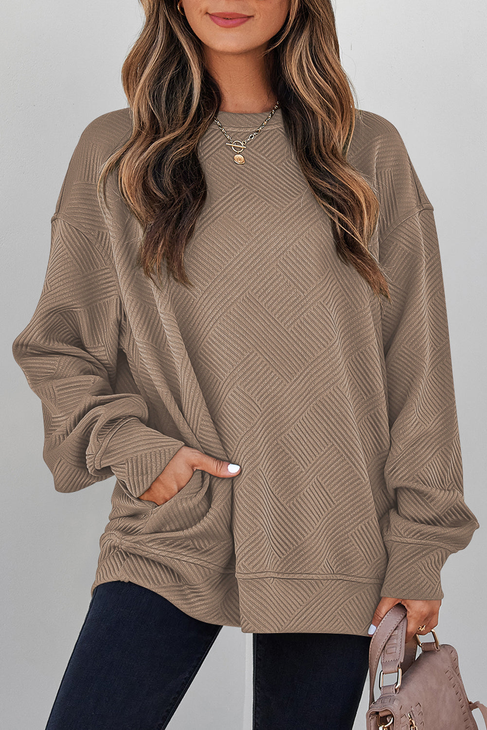 White Solid Color Textured Round Neck Sweatshirt