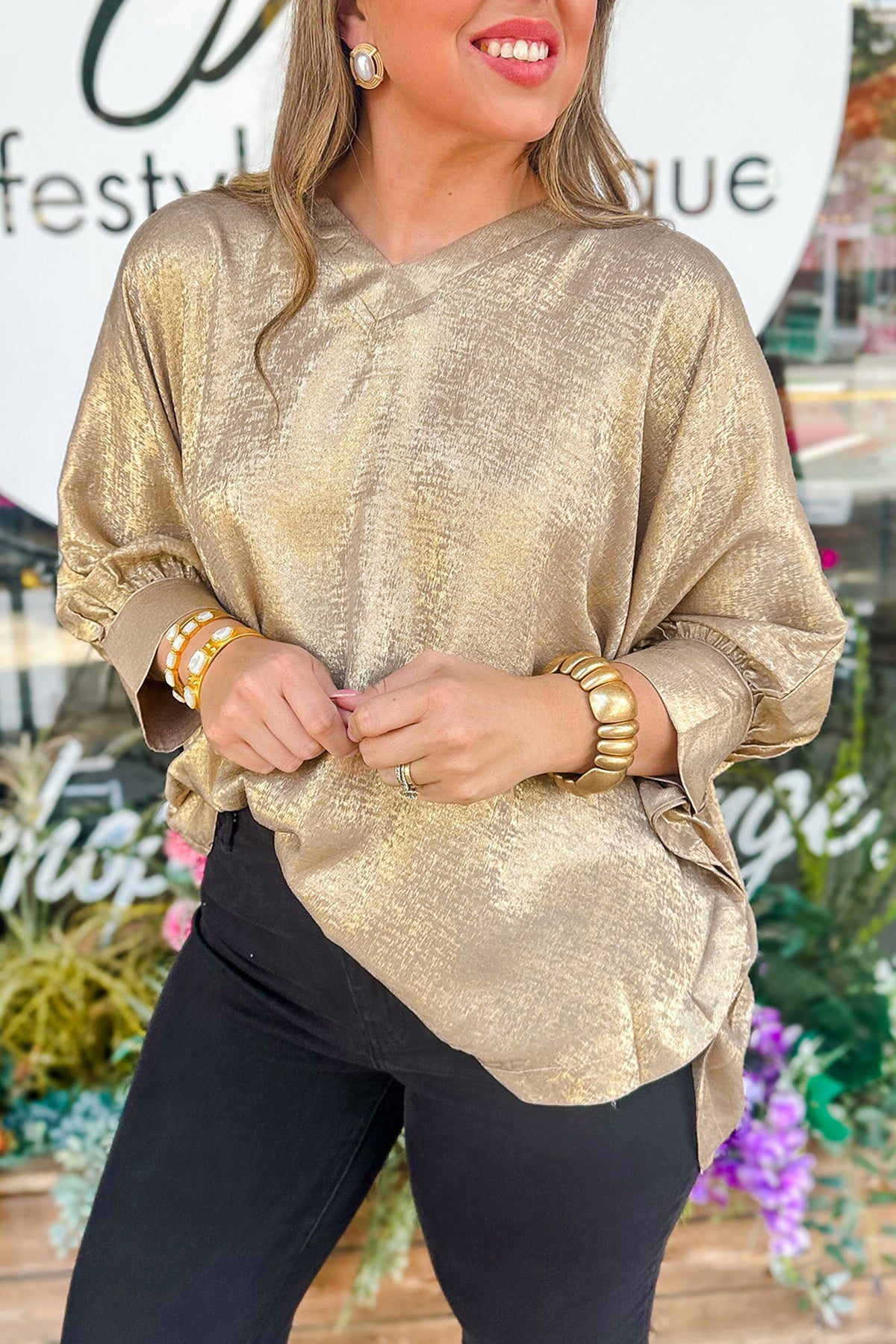 Parchment Metallic V Neck Button Cuffed Dolman Blouse