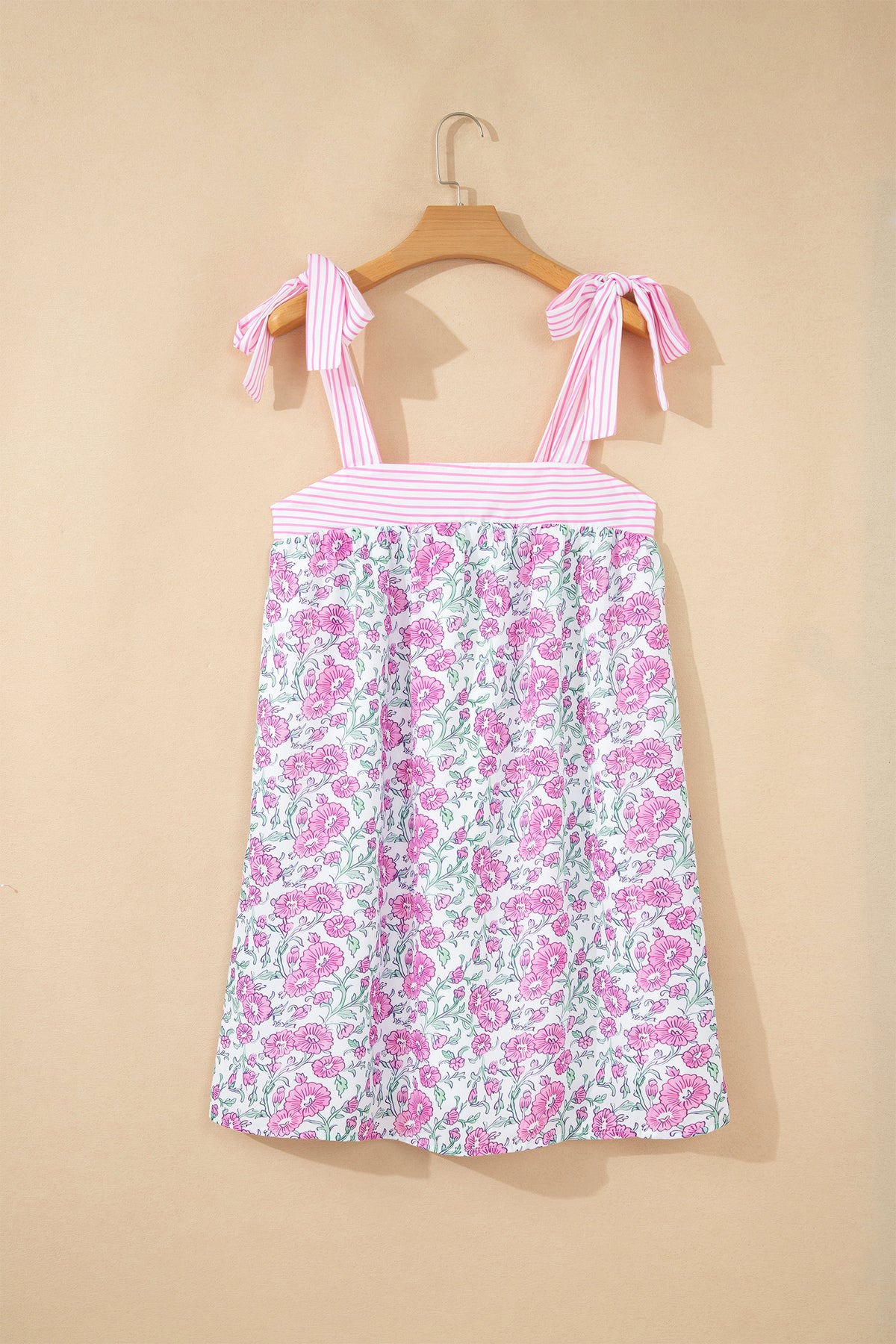 Sky Blue Floral Print Striped Patchwork Bow Straps Mini Dress