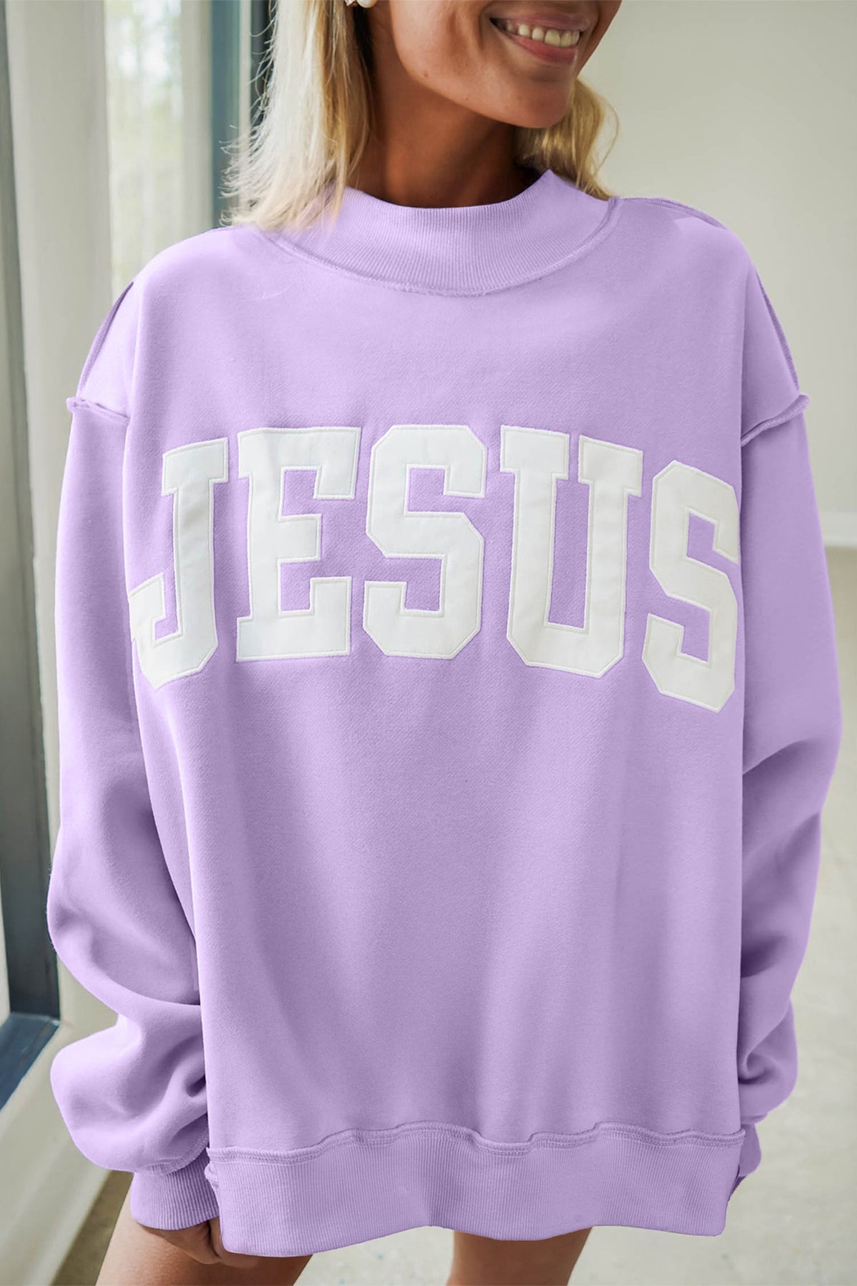 Meadow Mist Green JESUS Letter Patch Graphic Sweatshirt