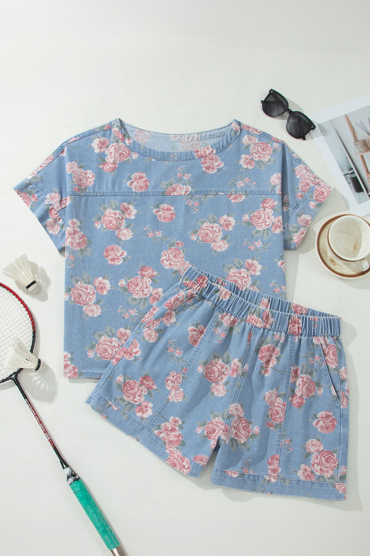 Women's Sky Blue Floral Denim Short-Sleeve Top Loose Shorts Two-Piece Set