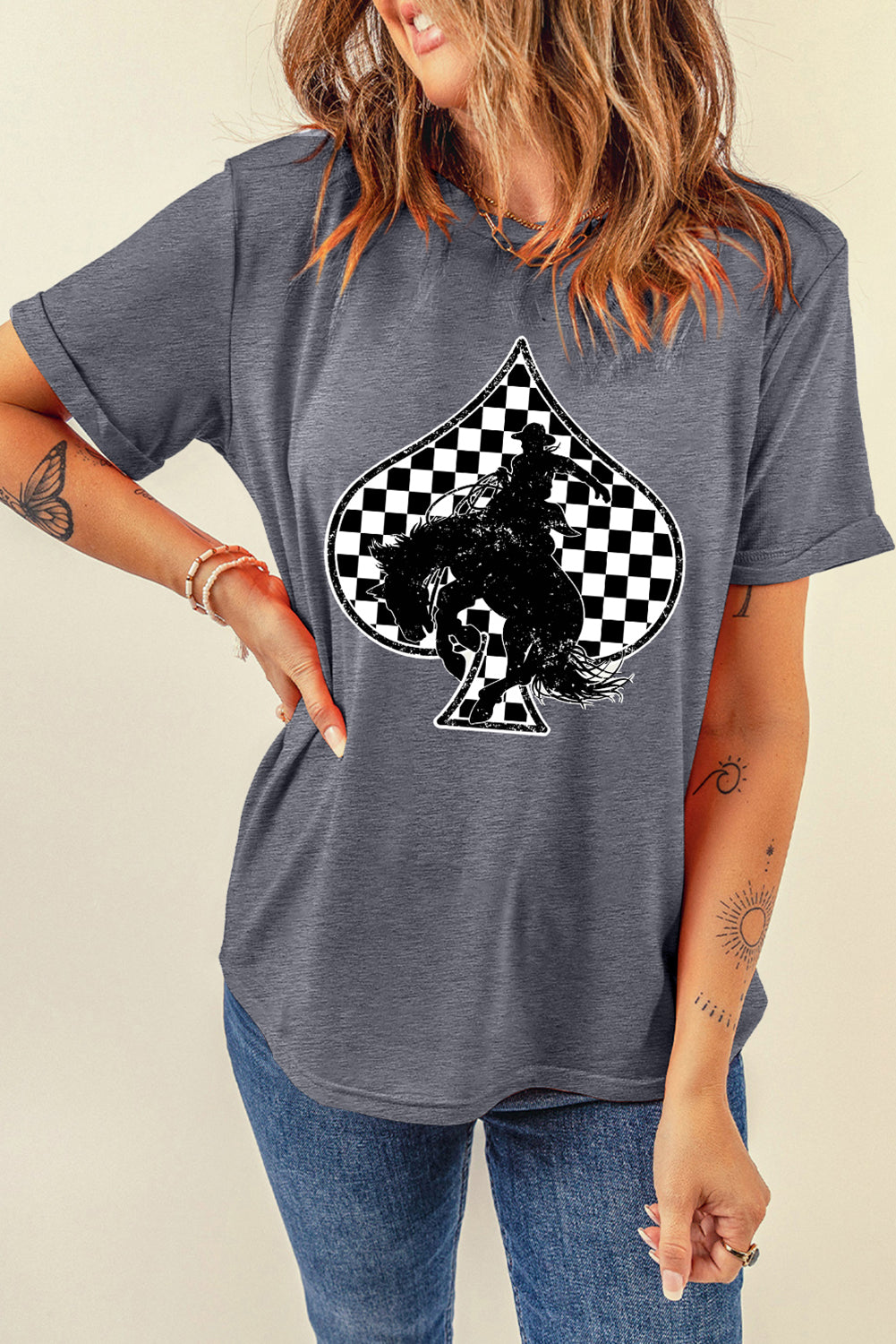 Gray Redeo Check Spades Western Graphic T-Shirt