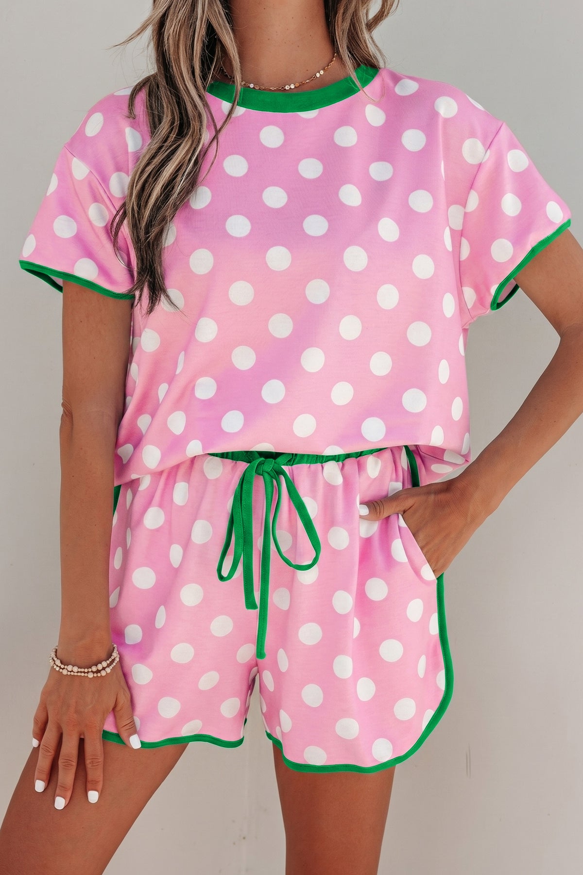 Women's Pink Polka Dot Contrast Edge Shorts Two-Piece Set