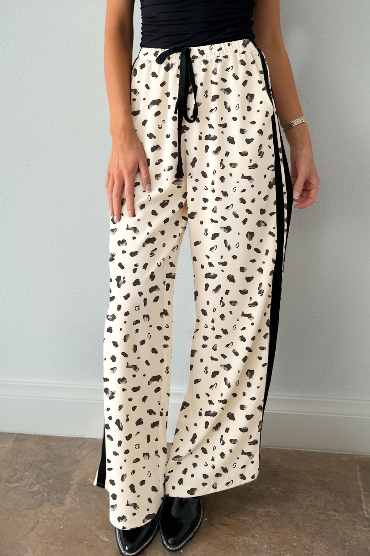 Beige Leopard Print Side Stripe Loose Drawstring Pants