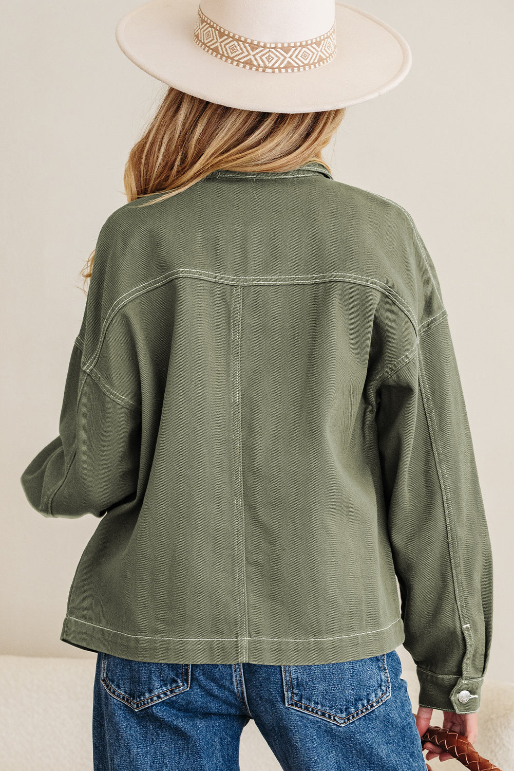 Smoke Green Patched Pocket Collared Boyfriend Denim Jacket