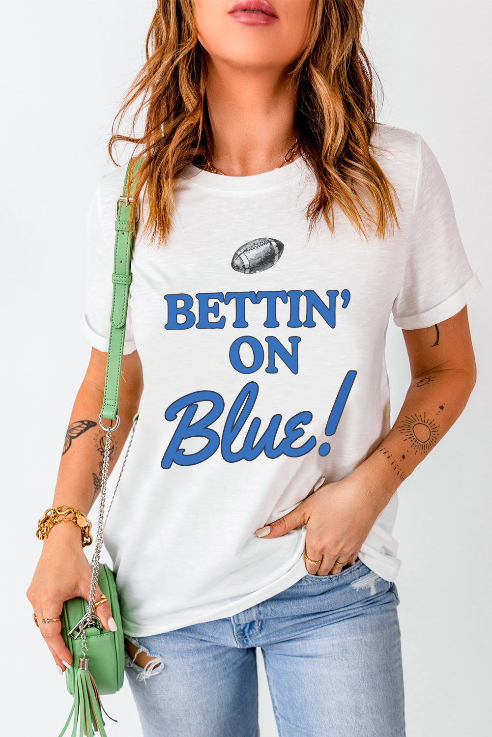 White Rugby Football BETTIN ON Blue Graphic Crewneck T-Shirt