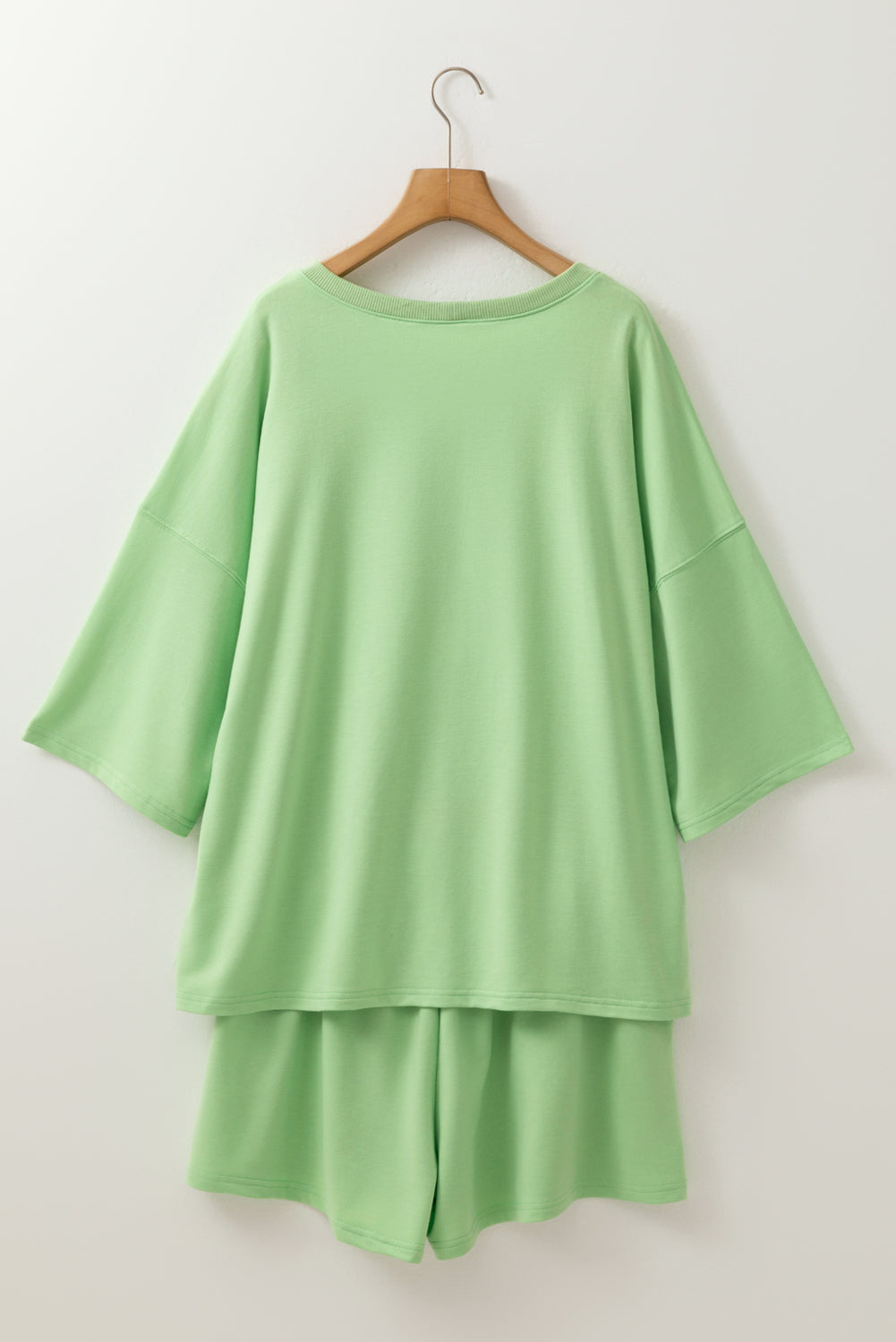 Meadow Mist Green Plus Size V-Neck Drop-Shoulder Tee Loose Shorts 2pcs Outfit