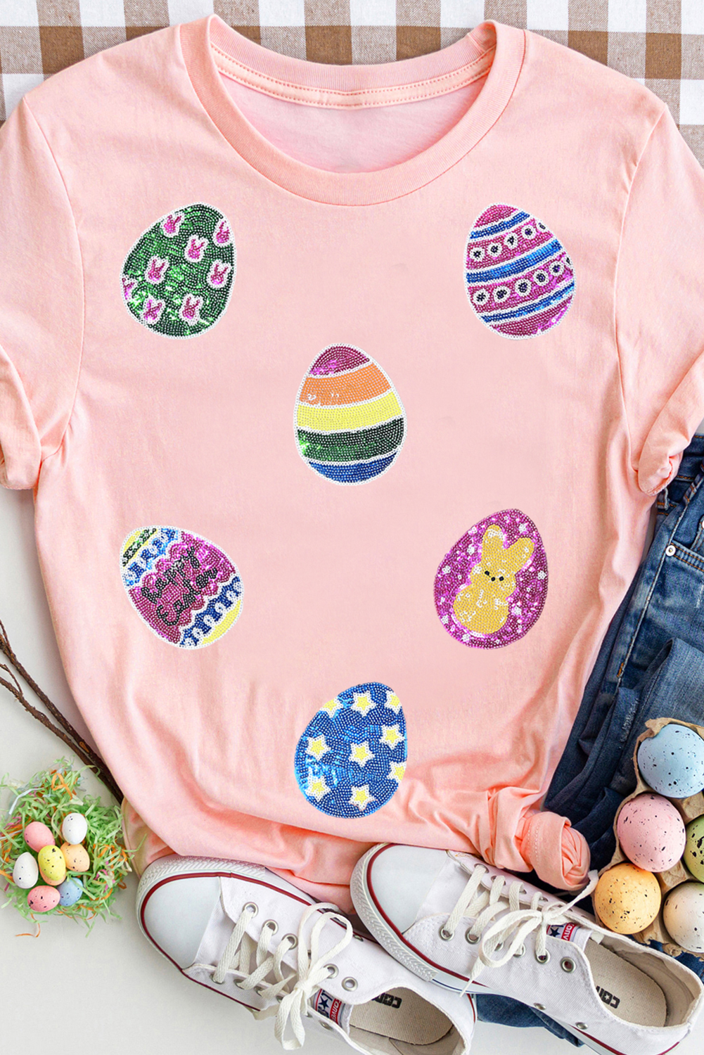 Pink Sequin Easter Eggs Graphic Crewneck T-Shirt